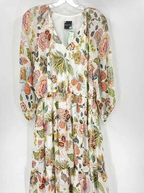 Maison Tara Size 12 Floral Tiered V Neck Midi Dress Long Sleeves Spring Summer